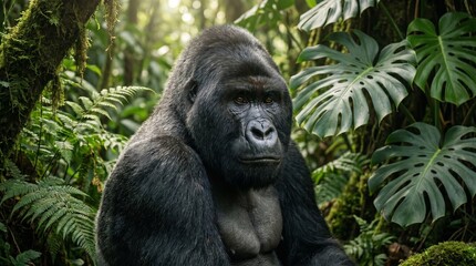 Obraz premium Majestic Silverback Gorilla's Intense Gaze Amidst Lush Tropical Jungle Foliage - Powerful Wildlife Portrait