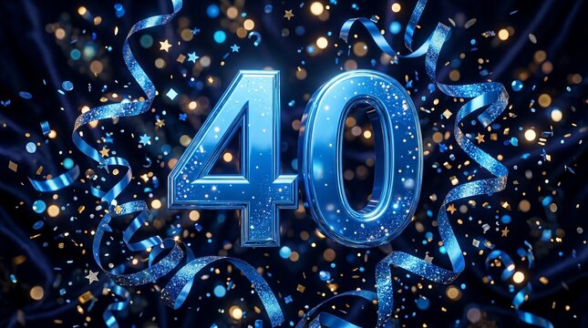 Sparkling Blue 40th Anniversary Celebration Design with Confetti and Ribbons