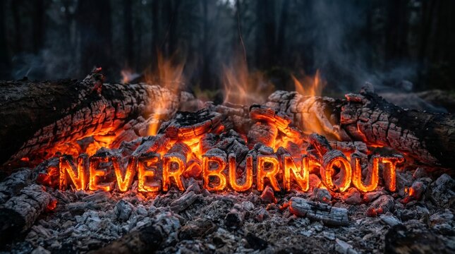 Burning log letters form 'Never Burn Out,' symbolizing endurance, strength, and the importance of self-care against modern challenges