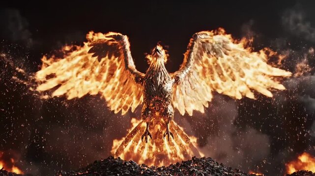 A blazing phoenix rises from fiery ashes in darkness