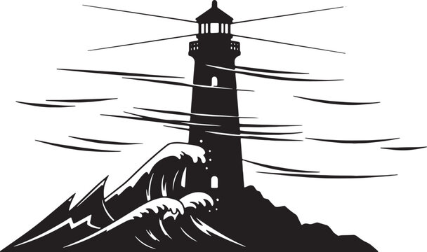 Lighthouse, black silhouette, ocean waves, stormy weather, nautical icon isolated on Transparent Background