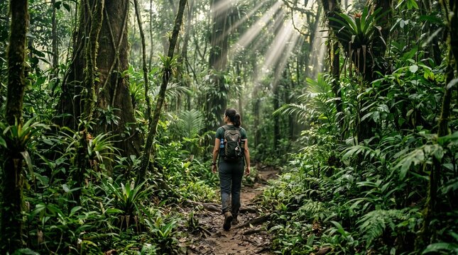 person walking along a narrow path in dense Amazon rainforest
