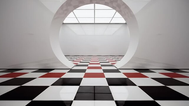 A minimalist interior showcases a stark white room with a circular portal and a striking red and white checkered floor, creating a visually intriguing and modern architectural space.
