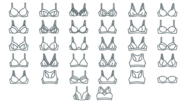 Comprehensive collection of various brassiere styles including push up sports lace strapless and balcony bras detailed outline icons vector set for fashion clothing retail or lingerie catalog.