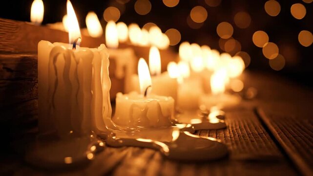 Group of burning candles with melting wax on a wooden surface for a memorial vigil or remembrance ceremony.