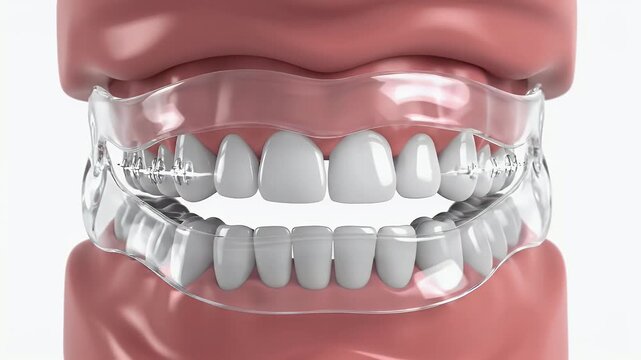 A close-up view showcases a clear aligner gently correcting the alignment of a set of teeth within a dental model.