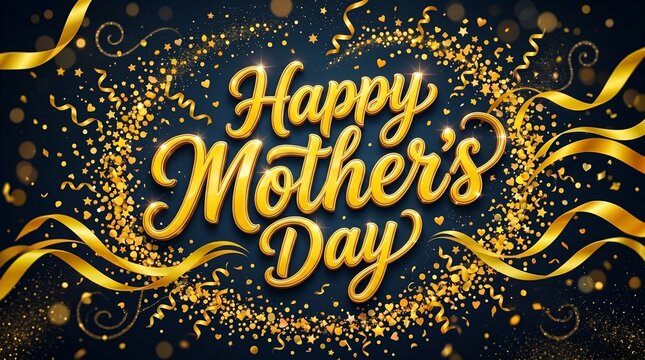 Happy Mother's Day Golden Confetti and Ribbon Background