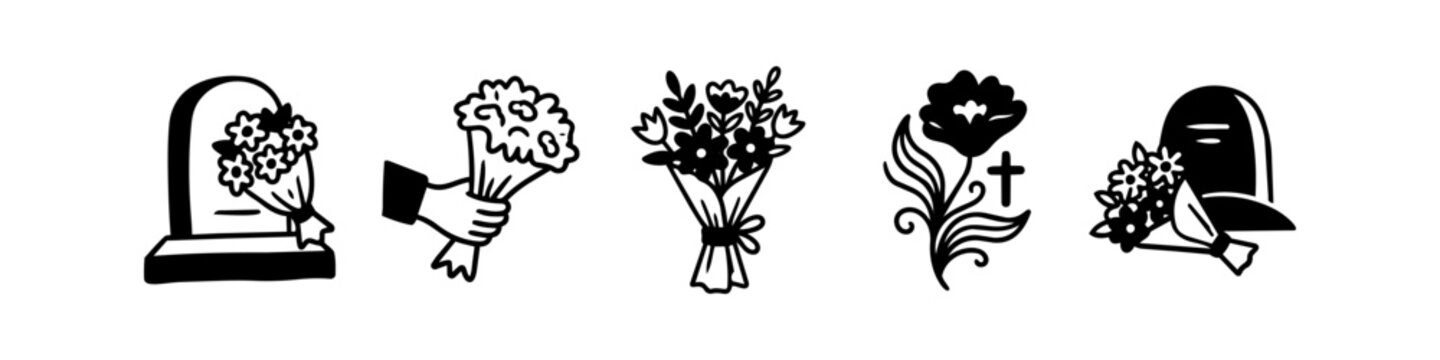 Collection of hand-drawn mourning and funeral icons featuring gravestones, flower bouquets, and a cross. Minimalist black and white vector illustrations for memorial and sympathy design themes.