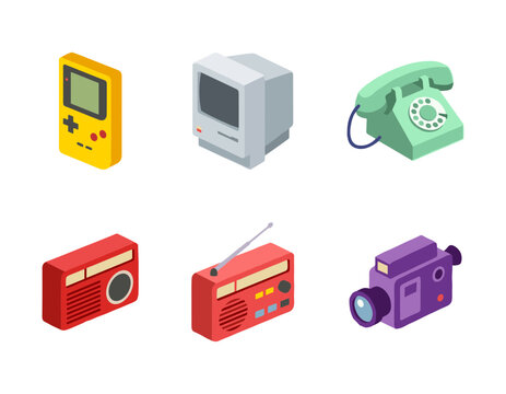 Retro Electronic Devices Isometric Icons Set, Vintage Game Console, Old Computer, Rotary Phone, Radio and Video Camera Vector 3D Graphic Symbols
