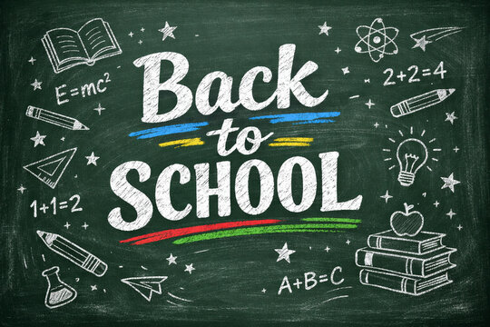 Back to school text written on chalkboard with hand drawn doodles formulas and educational symbols classroom concept