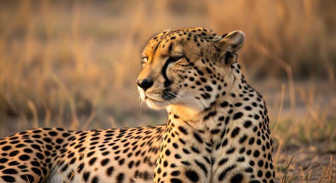 Majestic cheetah resting in the golden glow of the savanna
