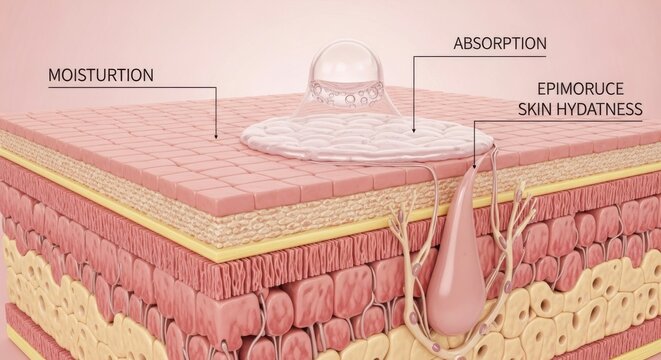 Anatomical illustration of human skin layers with moisturizing and absorption processes