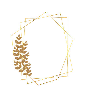 Metallic Gold Geometric Frame with Bronze Botanical Accents on Transparent Background. Polygonal gold lines that create a modern, faceted structure, complemented by graceful leaf clusters in warm gold