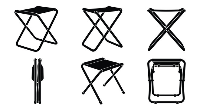 Folding camping stool silhouettes in various views and positions