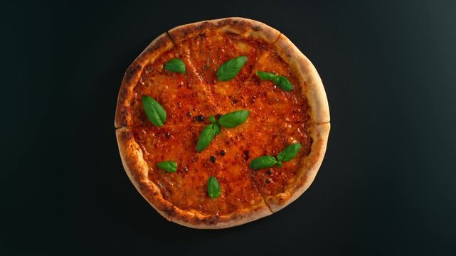 Rotating Fresh Pizza Margherita, Endless Loopable Slow Motion Shot.