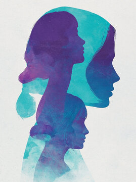 Layered Female Silhouettes in Purple and Teal Watercolor &ndash; Identity, Duality and Inner Self Concept Illustration