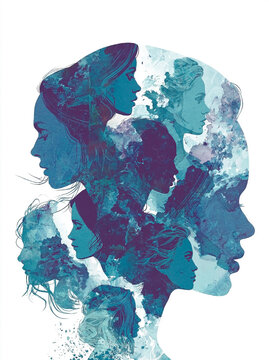 Multiple Female Faces Layered in Blue Watercolor Silhouettes &ndash; Identity, Memory and Femininity Concept Illustration