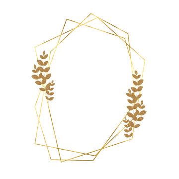 Metallic Gold Geometric Frame with Bronze Botanical Accents on Transparent Background. Polygonal gold lines that create a modern, faceted structure, complemented by graceful leaf clusters in warm gold