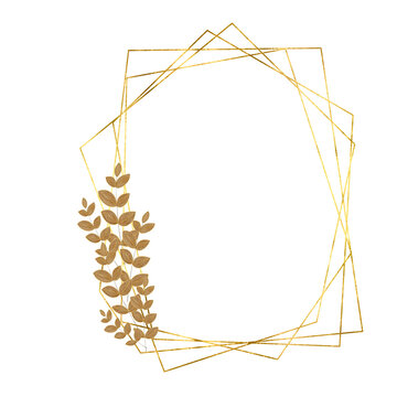Metallic Gold Geometric Frame with Bronze Botanical Accents on Transparent Background. Polygonal gold lines that create a modern, faceted structure, complemented by graceful leaf clusters in warm gold