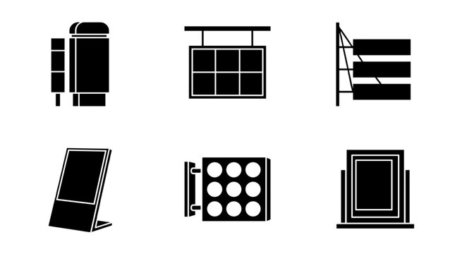 Professional Digital Signage and Advertising Board Icons Set, Indoor Display, Outdoor Billboard and Information Kiosk Vector Symbols Collection