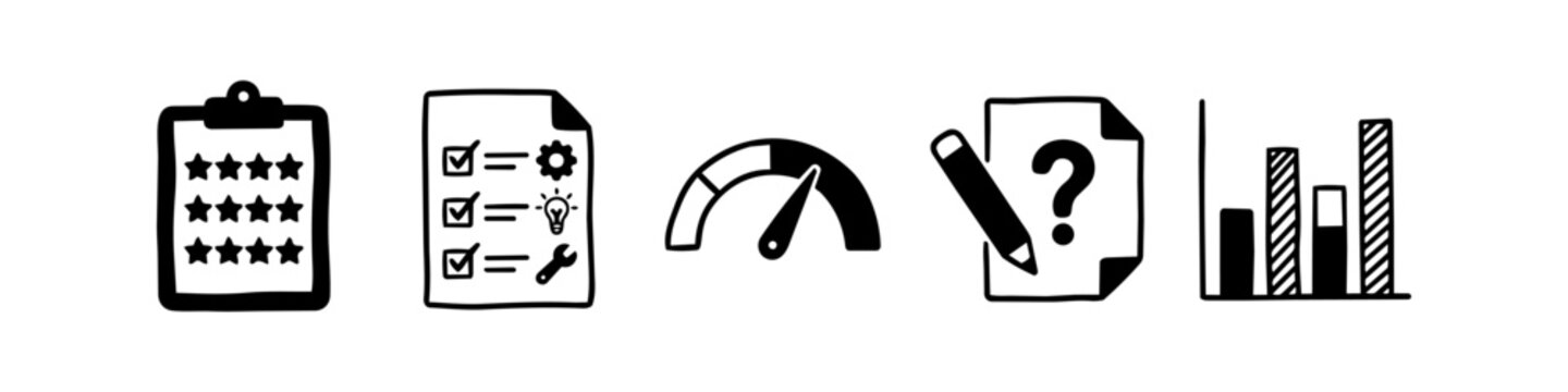 Set of five hand-drawn business evaluation icons including customer rating, task management, performance metrics, survey, and data analytics. Minimalist black and white doodle style.