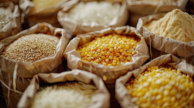 Bags contain various grains staple food from plant seeds