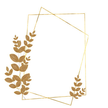 Metallic Gold Geometric Frame with Bronze Botanical Accents on Transparent Background. Polygonal gold lines that create a modern, faceted structure, complemented by graceful leaf clusters in warm gold