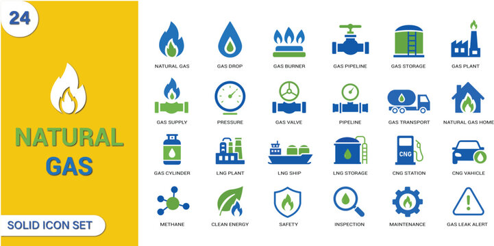 Natural Gas Solid Icon Set. LNG, CNG, Pipeline, Energy, Fuel, Storage and Industrial Gas Solid Vector Icons Collection