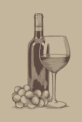 Naklejka premium Classic Wine Bottle and Glass Still Life Sketch