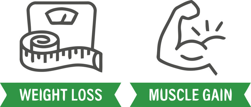 Fitness Transformation Icons Set for Weight Loss and Muscle Gain with Scale Measuring Tape and Bicep