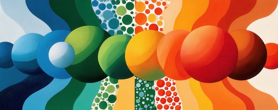 Abstract colorful spheres and flowing gradient circles in blue, green, orange and red design