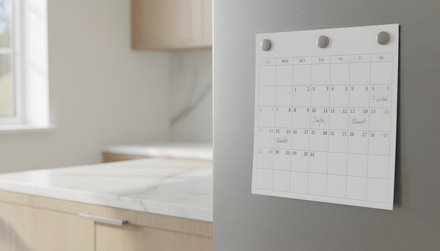 Monthly paper calendar on fridge with magnets in a bright modern kitchen, perfect for home organization, meal planning, and schedule management concept