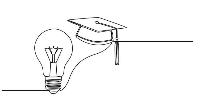 Animation of one single line drawing of bright lightbulb wearing graduation cap logo identity. Smart study academy logotype icon template concept. Continuous line self draw animated illustration.