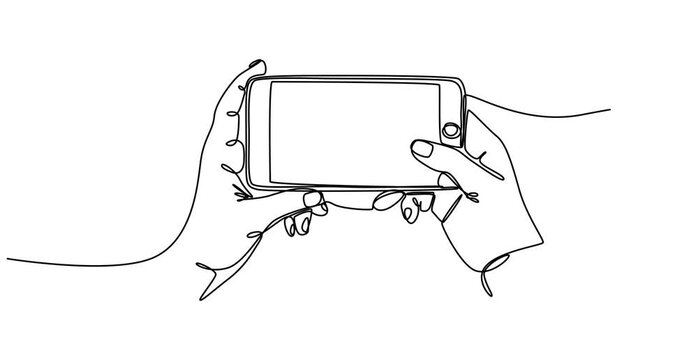 Animated self drawing of  Continuous line drawing of two hands holding a smartphone in a modern minimalistic style, Simple one line art illustration of a person using a mobile phone representing