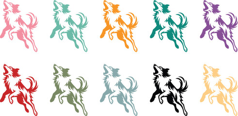 Obraz premium Colorful Dog Silhouettes Jumping and Howling Set, Vibrant Dog Silhouette Collection Playful Animal Poses