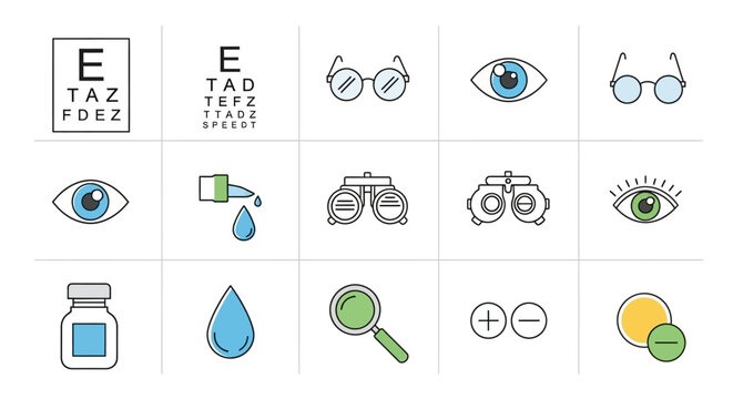 Optometry Icons: Vision Test, Eyeglasses, Eye Care, Magnifying Glass & More