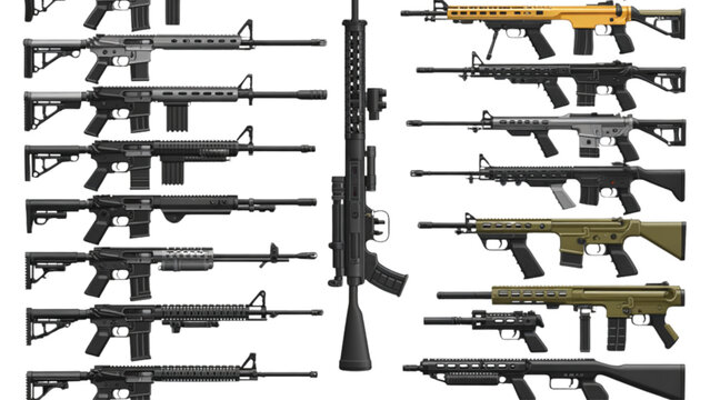 Assorted colorful rifles and guns on wooden shelf with ammunition Vector