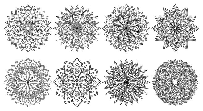 Collection of intricate mandala line art designs. These circular patterns are perfect for abstract art, meditation, yoga, and decorative purposes.