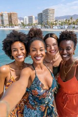 Fototapeta premium Four friends smiling on a sunny beach selfie celebrating summer, diversity and joyful togetherness