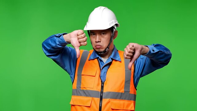 Construction worker in hard hat and safety vest giving thumbs down gesture on green screen.