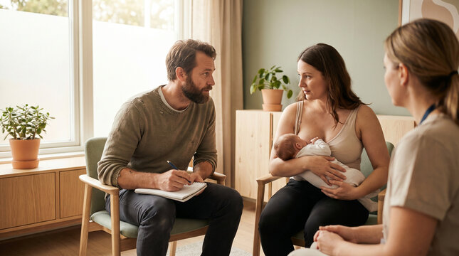 Postpartum father sitting beside partner during lactation consultant visit, leaning forward with genuine concern and pen in hand, spring aft 2