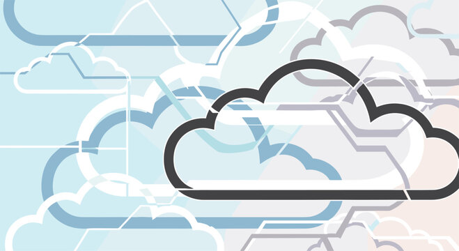 Abstract background with overlapping stylized cloud shapes in light blue and grey tones, suggesting cloud computing or weather themes.