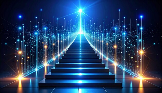 Futuristic glowing data pathway forming upward steps, symbolizing business growth, digital transformation, success strategy, and future technology vision on dark background.
