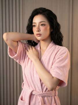 A hyper-realistic fashion photograph of a woman with flawless porcelain skin and Douyin makeup wearing a pink plush bathrobe in a minimalist warm lit scene.

