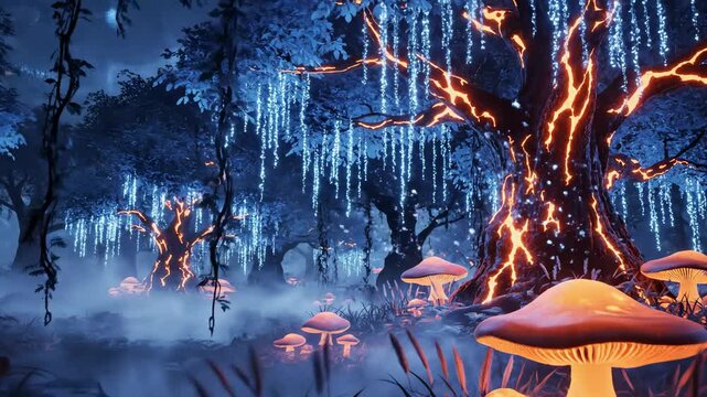 Enchanted fantasy forest at night with glowing bioluminescent mushrooms and magical trees in a misty landscape.