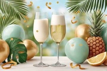 Obraz premium Champagne glasses with tropical balloons, pineapple and confetti for a summer celebration