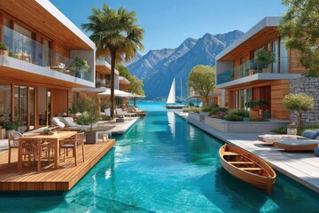 Obraz premium Luxury waterfront villas with turquoise canal, wooden decks and mountain views