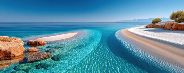 Obraz premium Tranquil turquoise sea, clear blue sky and white sand beach with rocky coastline