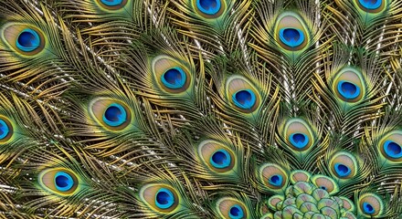 Obraz premium Intricate peacock feather pattern displaying vibrant blue and green eye spots.