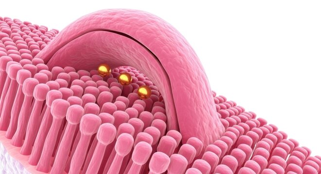 3d illustration of a pink cell membrane with gold particles inside isolated on white background